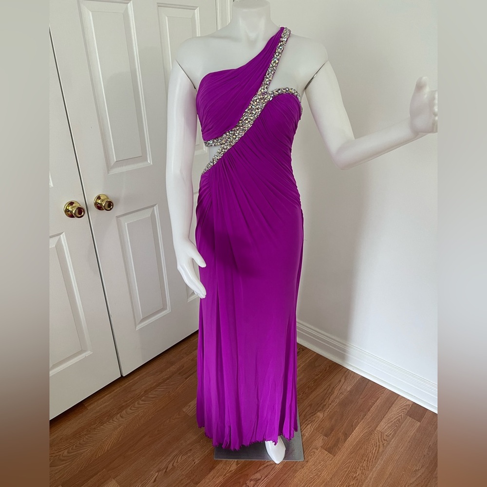 One shoulder, fuchsia/purple cut out La Femme prom dress